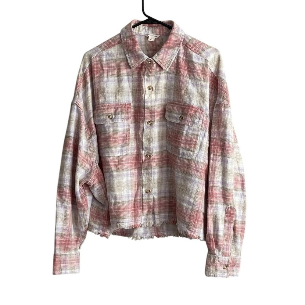 Aeropostale Large Oversize Cropped Flannel Shirt Plaid Frayed Button Long Sleeve